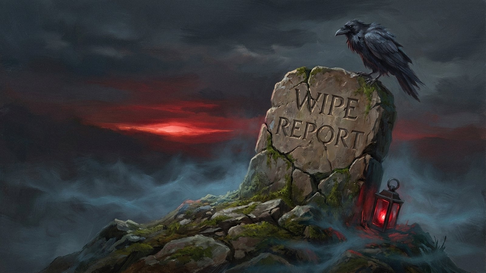 A cracked headstone at dusk with WIPE REPORT carved into it, a raven on top and a red lantern beside it.
